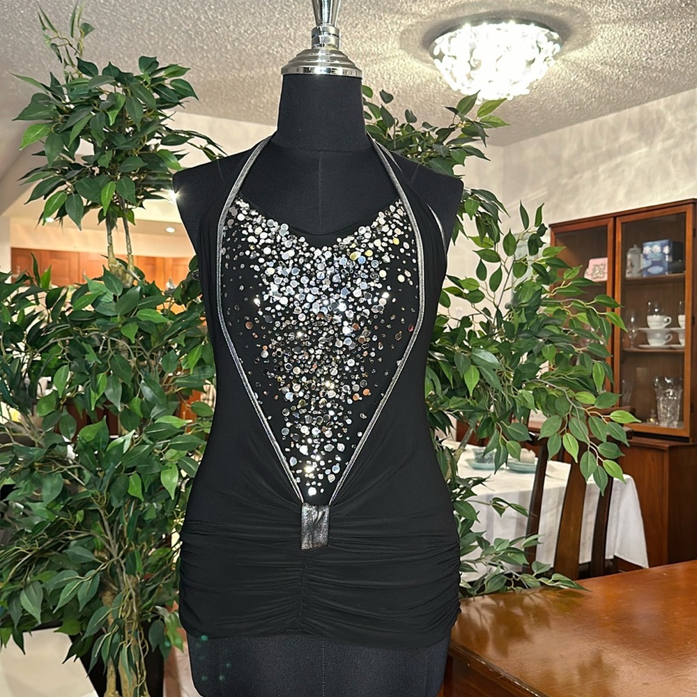💖 Sexy Size Small Sparkly Silver Sequins Black Halter Top